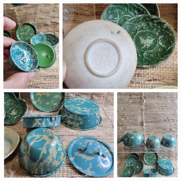 10+ Antique tin toy Doll or Child Size Graniteware Lot teapot pans - Picture 3 of 4